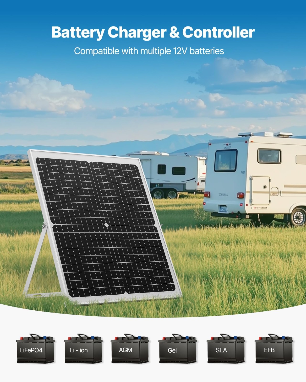 30W 12V Solar Panel Battery Charger – Trickle Maintainer, MPPT Controller, Water