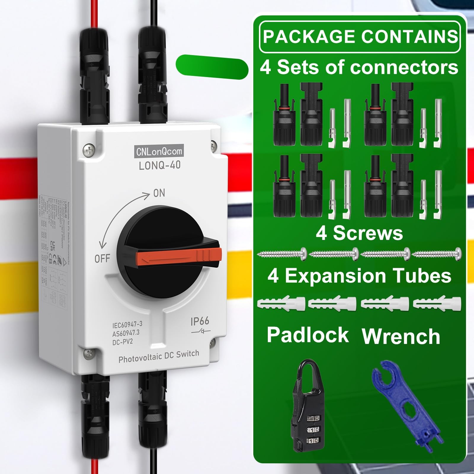 CNLONQ Solar PV Disconnect Switch 32 Amp DC1500V Rapid Shutoff Isolator Switc…
