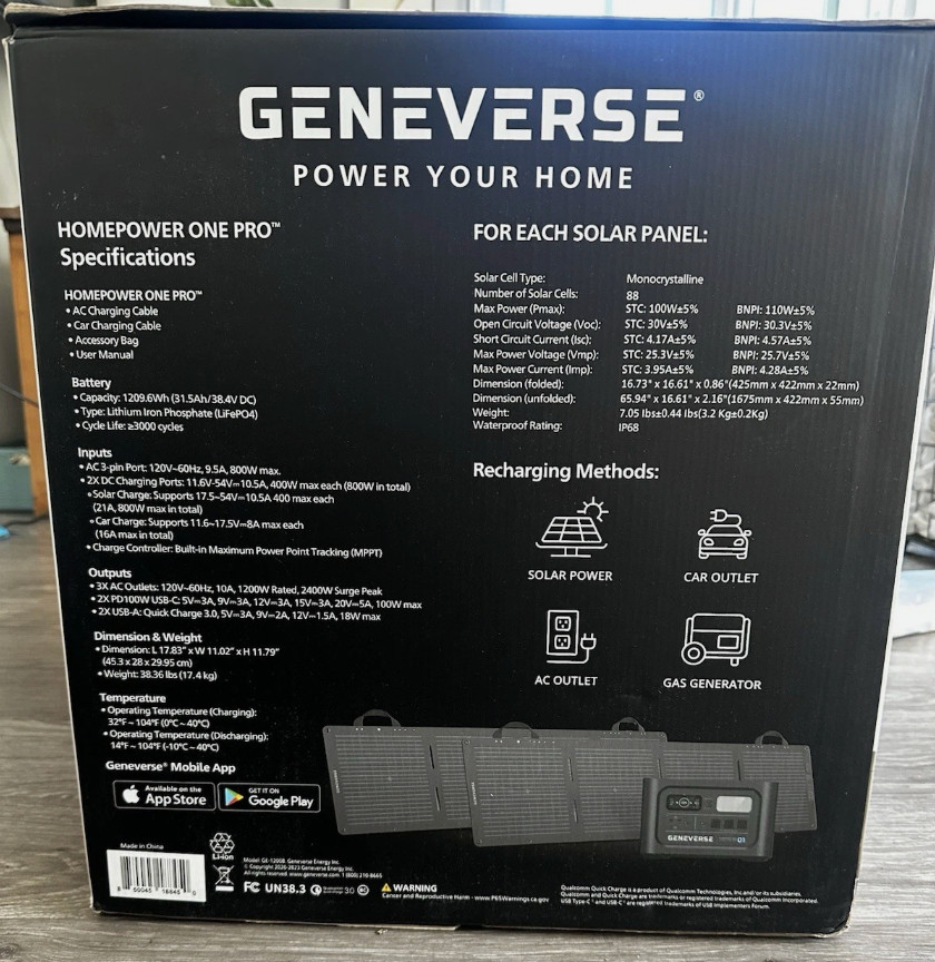 [FREE SHIP]Geneverse HomePower ONE PRO + 2x 100W Solar Panels + Generator