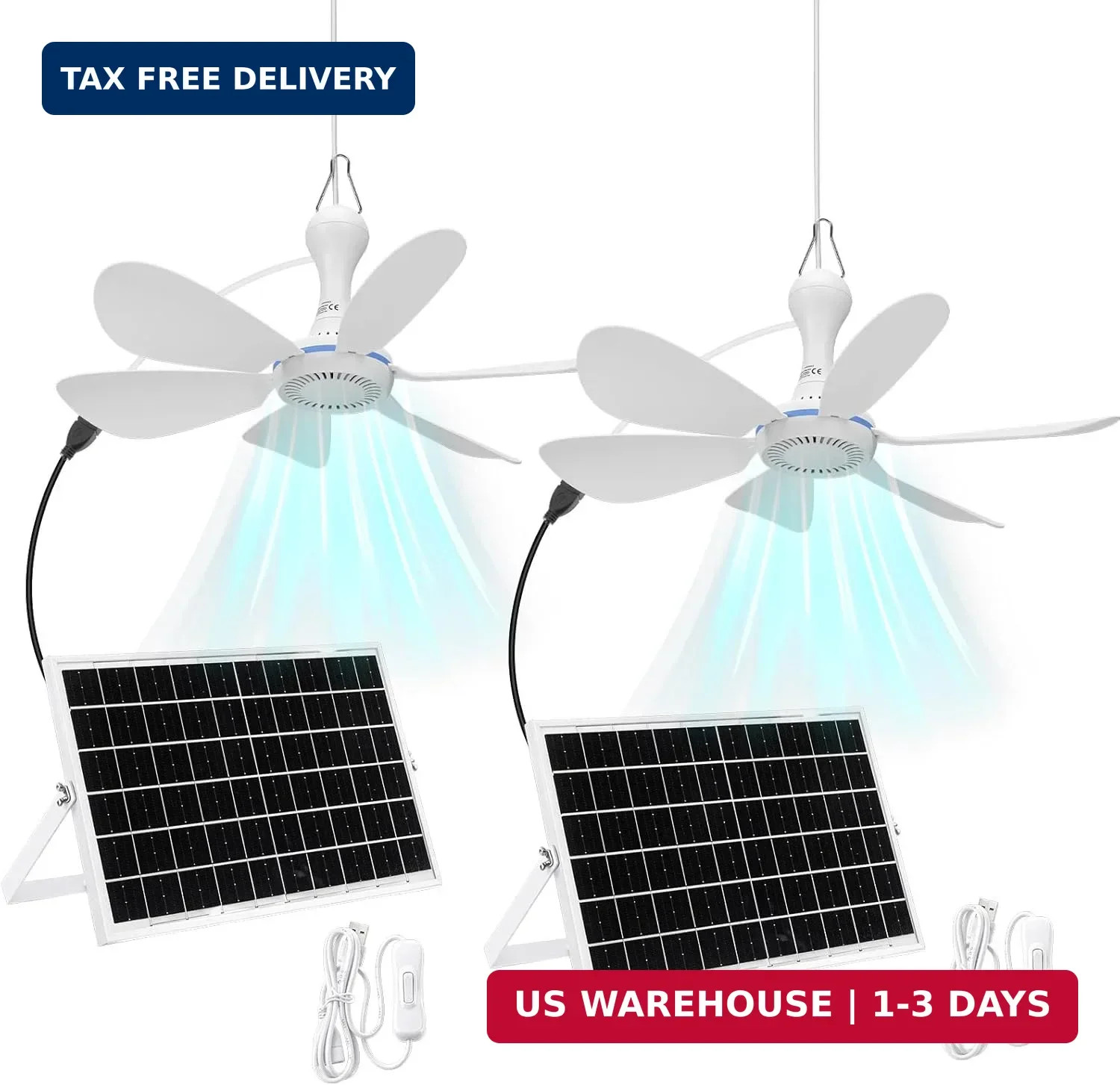 Tujoe 2 Set Solar Powered Ceiling Fan Kit for Outdoor,Portable 15W Solar Panel P