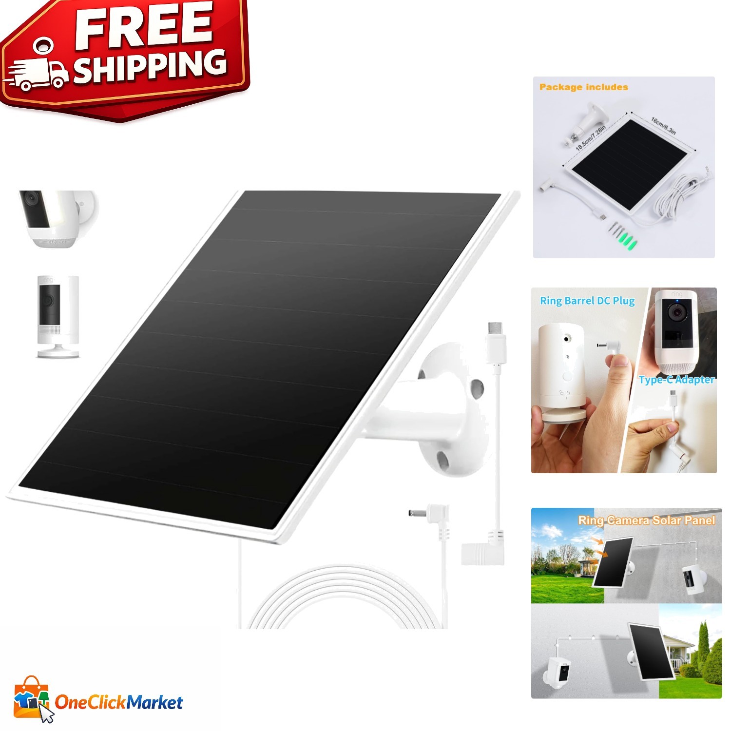 Compact Solar Panel Charger for Ring Spotlight & Stick Up Cam – Quick Charge
