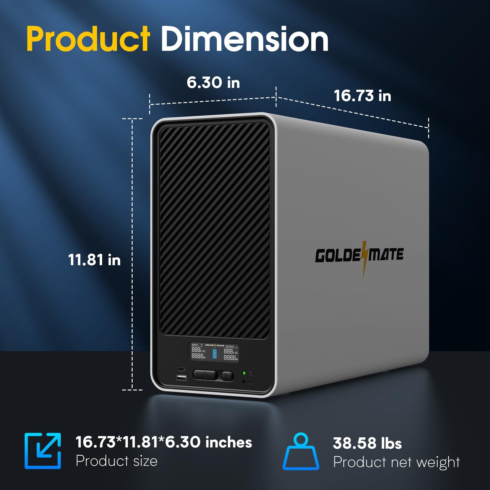 Goldenmate 2000VA 1600W Pure Sine Wave UPS Backup Power Supply LiFePO4 Battery