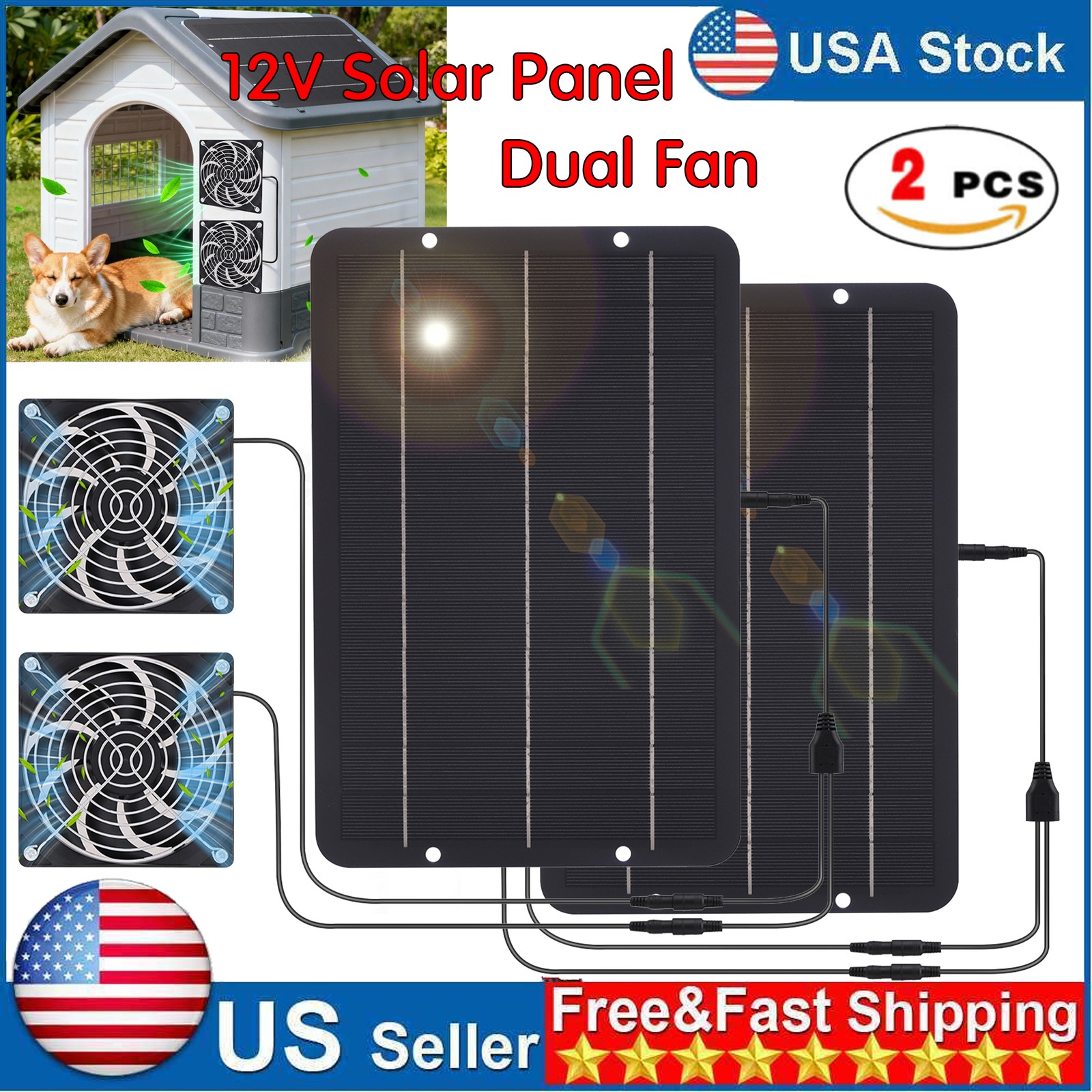 2PCS 6W Solar Exhaust Fan Kit, Waterproof DC Vent Fan for Chicken Coop Farm Use