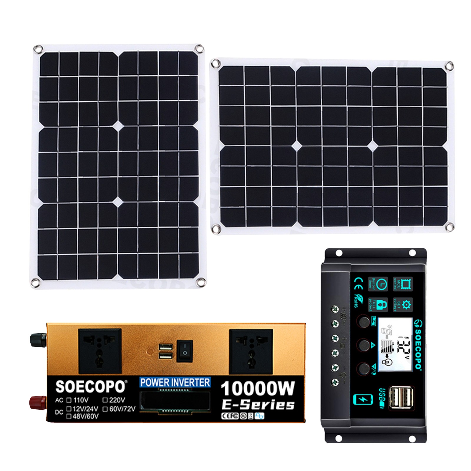 10000W Solar Kit Inverter 12V24V-110V/220V + 2pcs Solar Panels + Controller 100A