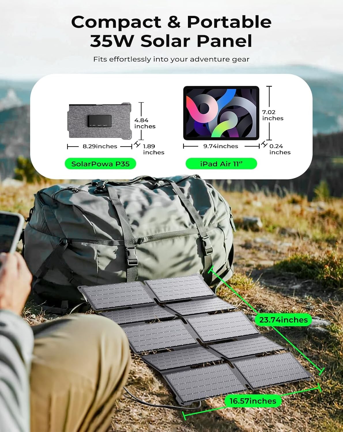 Portable 35W Solar Panel Charger with Fast Charging USB-A and PD 25W USB-C for