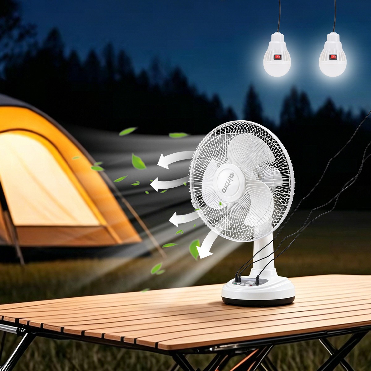 12″ Solar Powered Fan Rechargeable Fan with 2 LED Bulbs Portable Camping Fan US