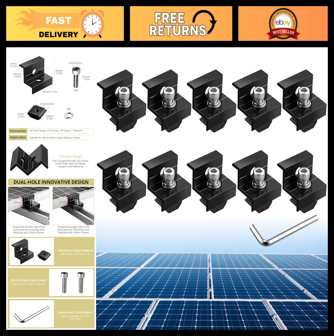 10pcs Solar Panel End Clamps & Z Brackets Kit, Aluminum Mounting Hardware, PV In