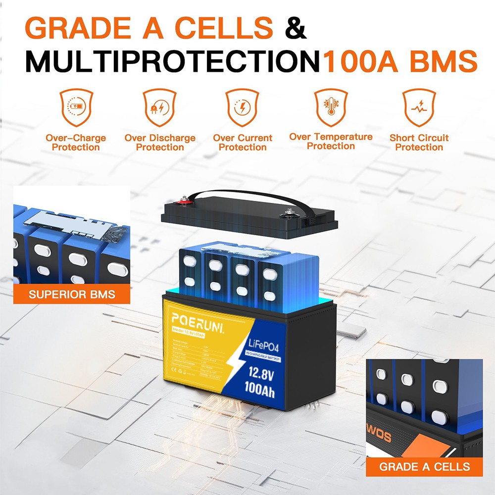 100Ah 12.8V LiFePO4 Lithium Deep Cycle Battery BMS For Solar Homes RV