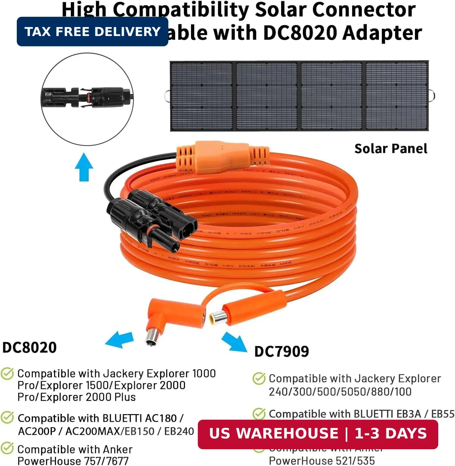 Solar Connector to DC 8mm Adapter Cable 25FT, 12AWG + 14AWG Tinned Copper Wire w