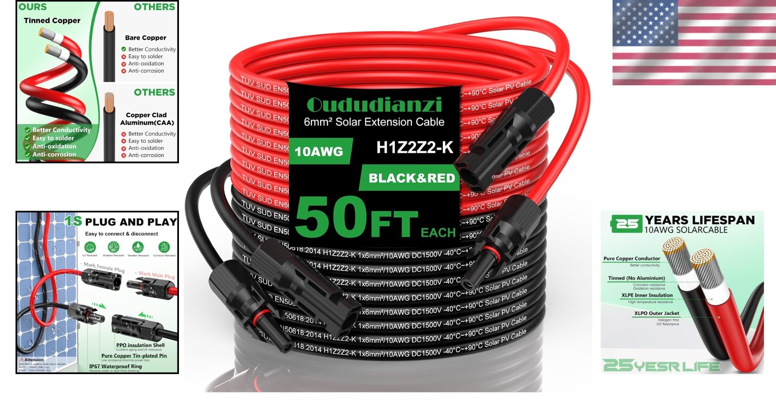 Heavy Duty 50ft Solar Panel Extension Cable – 10 Gauge, Tinned Copper, Low Loss