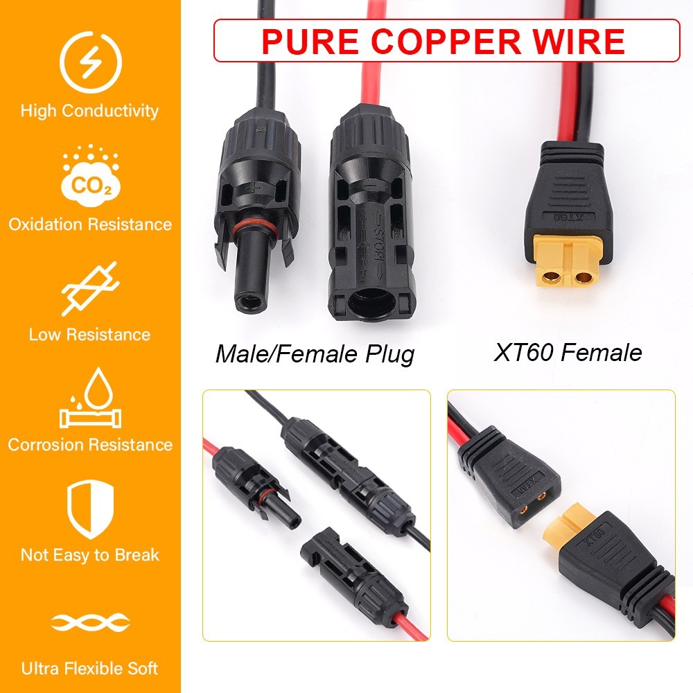 236in XT60 Female to Solar Connector Solar Panel Extension Charging Cable 12 AWG