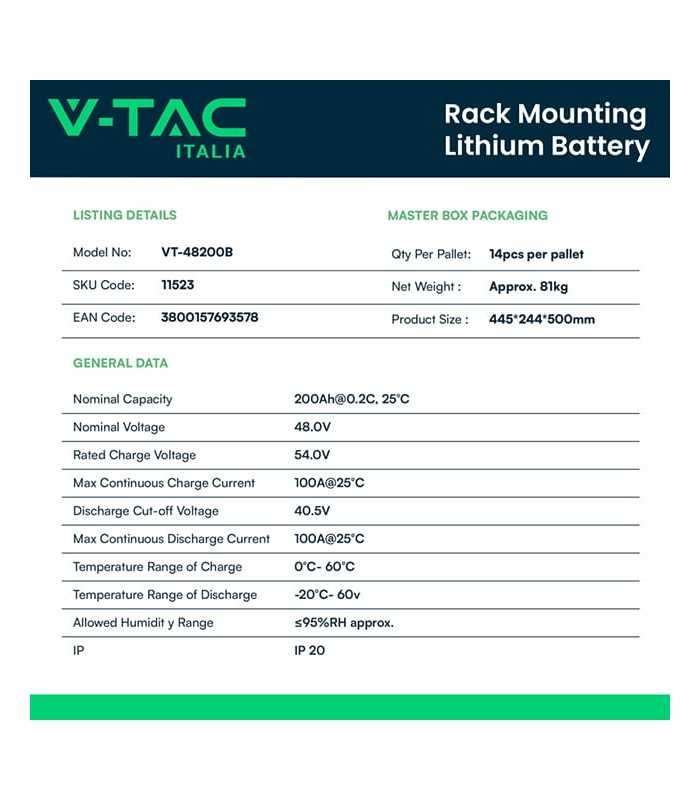 V-Tac Battery BMS Lithium Rack 48V 200Ah 9.60kWh Long Life for Imp Inverter