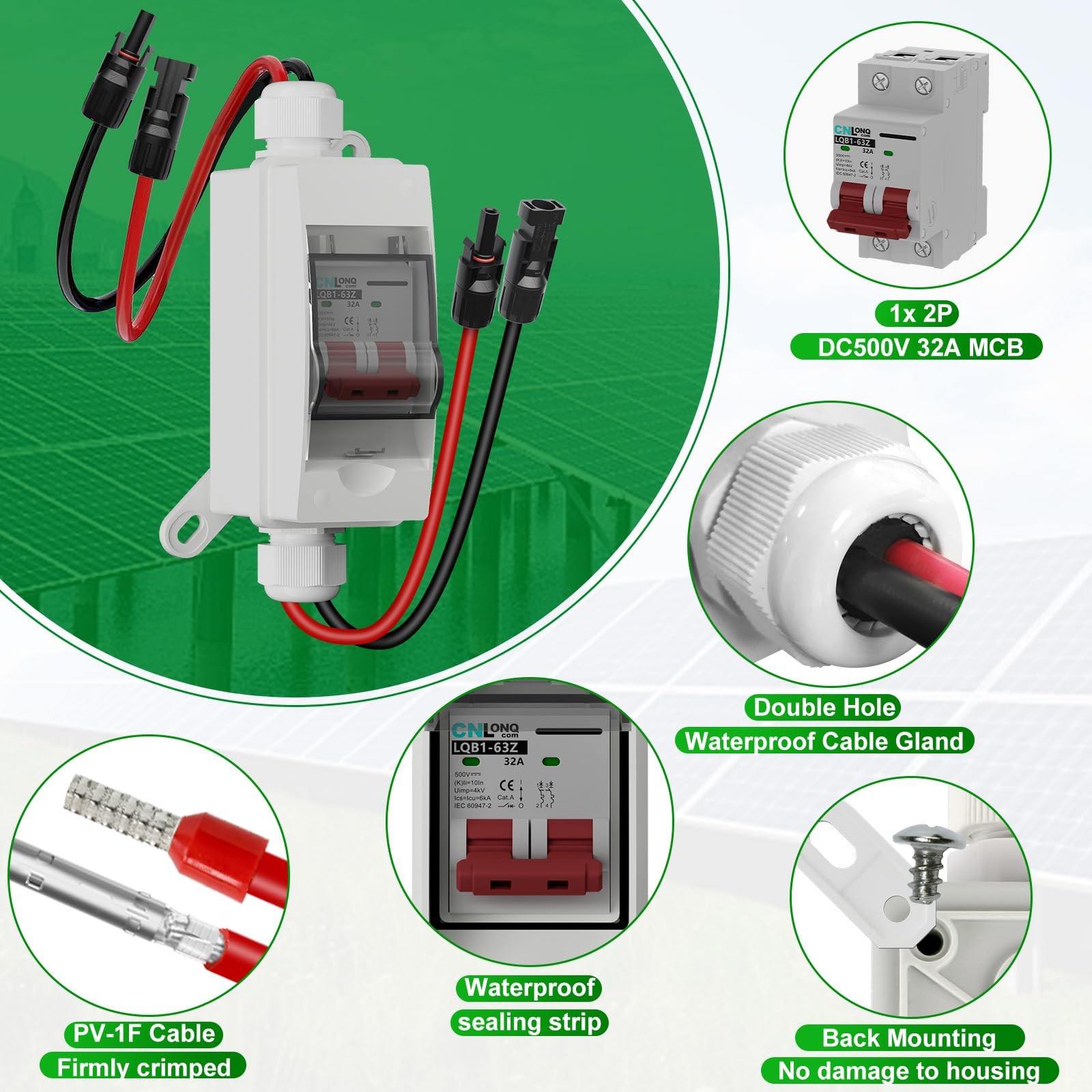 Solar Panel Disconnect Switch 32A 500V DC Circuit Breaker IP65 for Outdoor Use