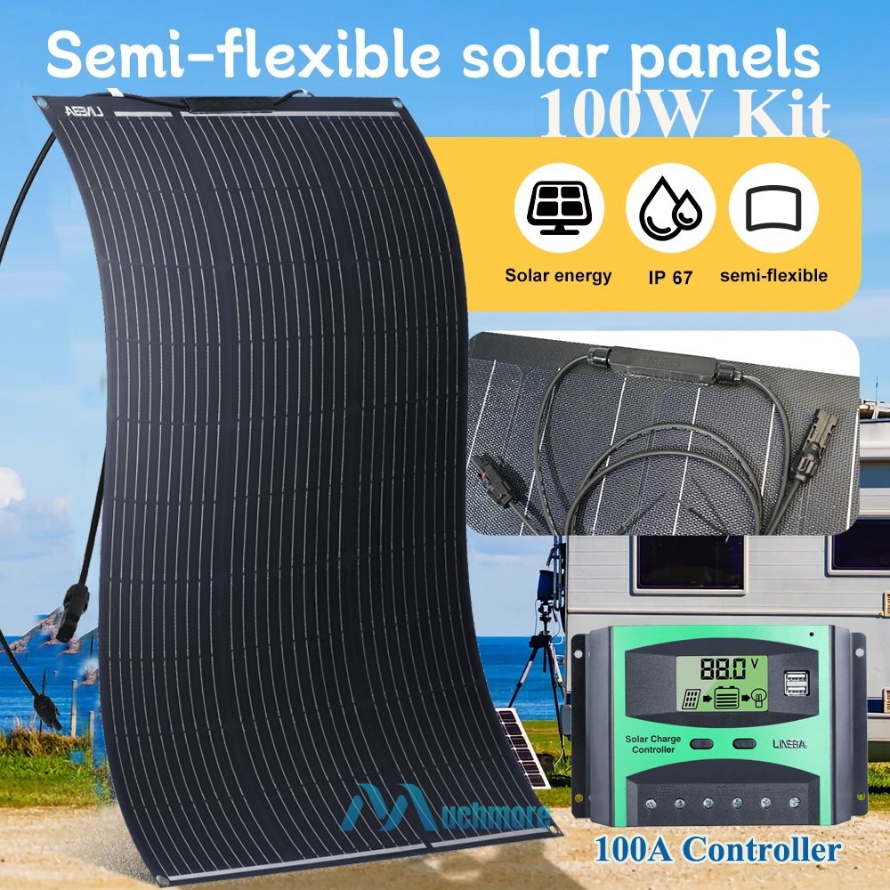 200W 100W Portable Flexible Solar Panel Kit 100A Controller RV Camping Off-Grid