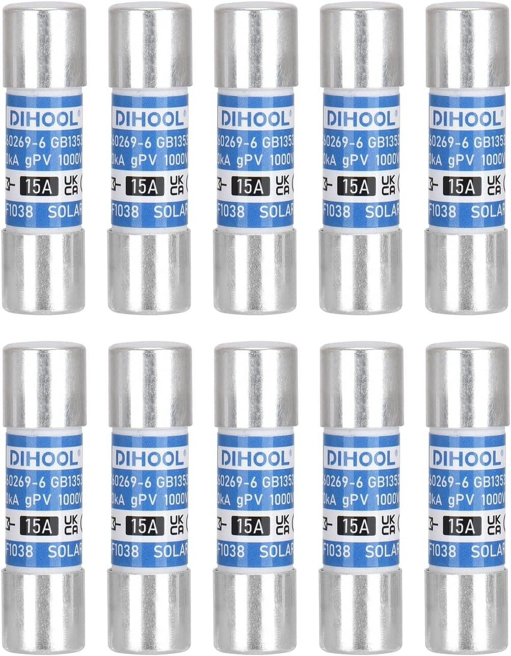 15 Amp Solar Fuse Without in-Line Fuse Holder for Solar Connector, 10pcs 10x38mm