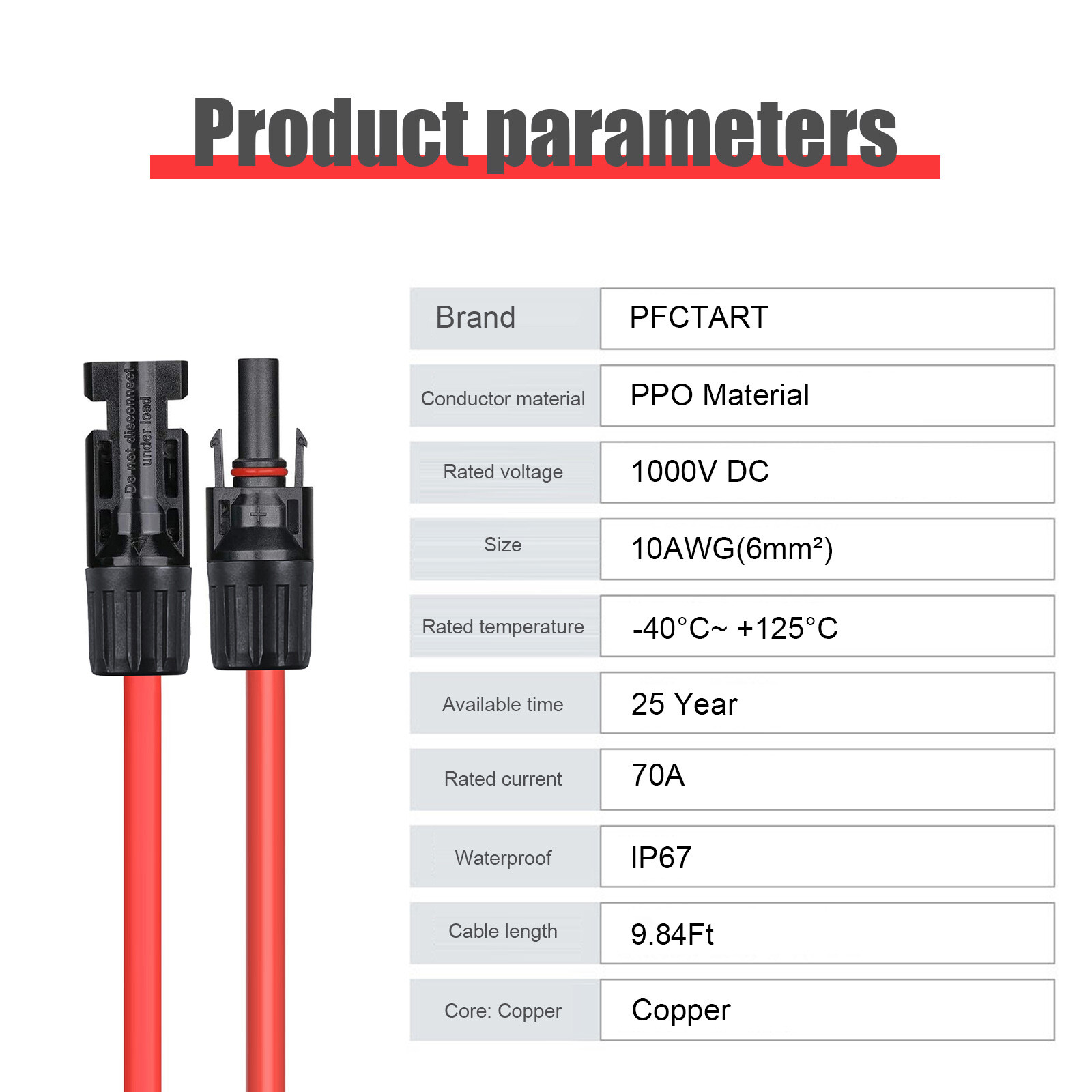 1 Pair Solar Panel Extension Cord Red + Black 6mm² 9.84ft Solar Wire Cable 10AWG