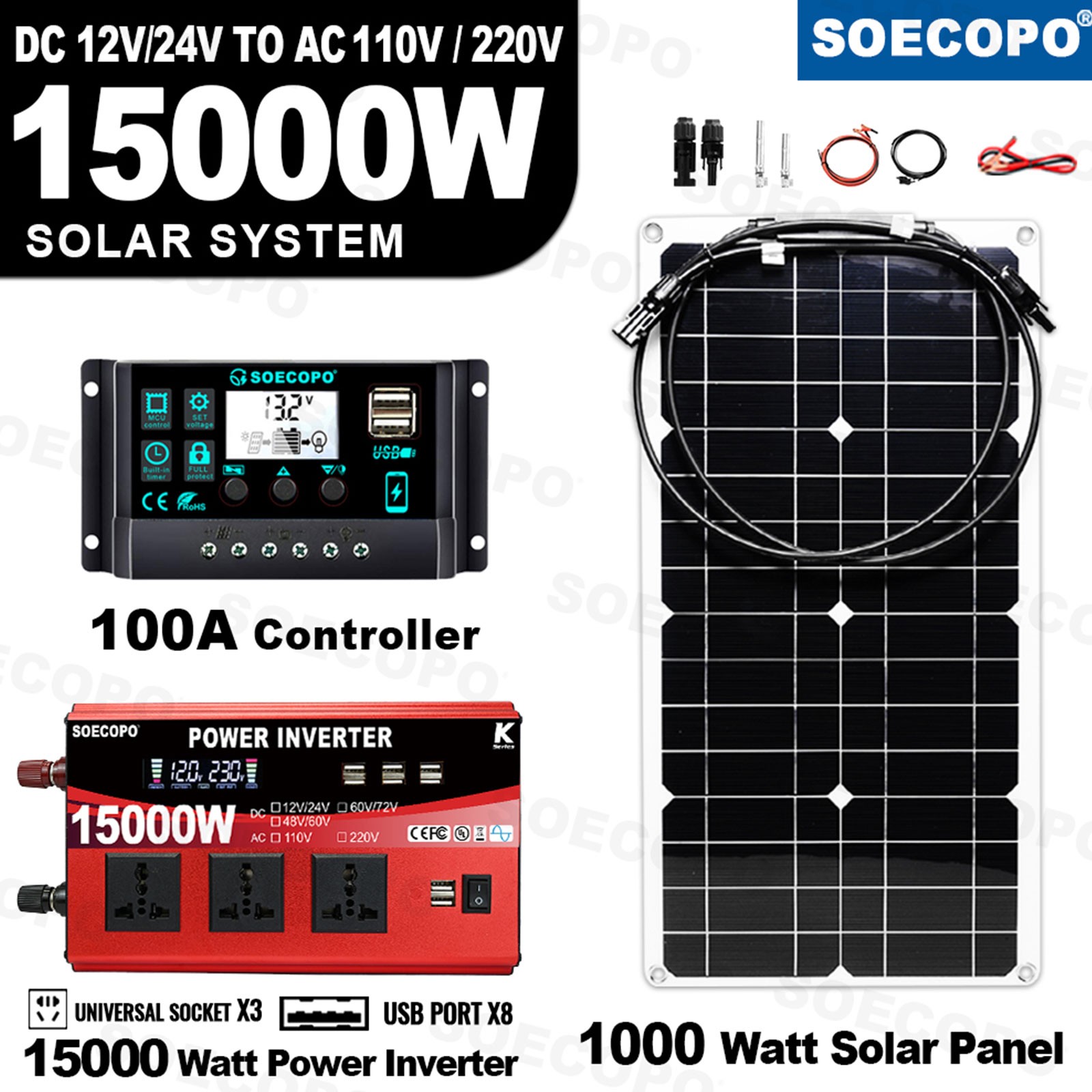 15000W Peak Solar System Kit Flexible Panel 100A Controller 12V/24V To 110V 220V