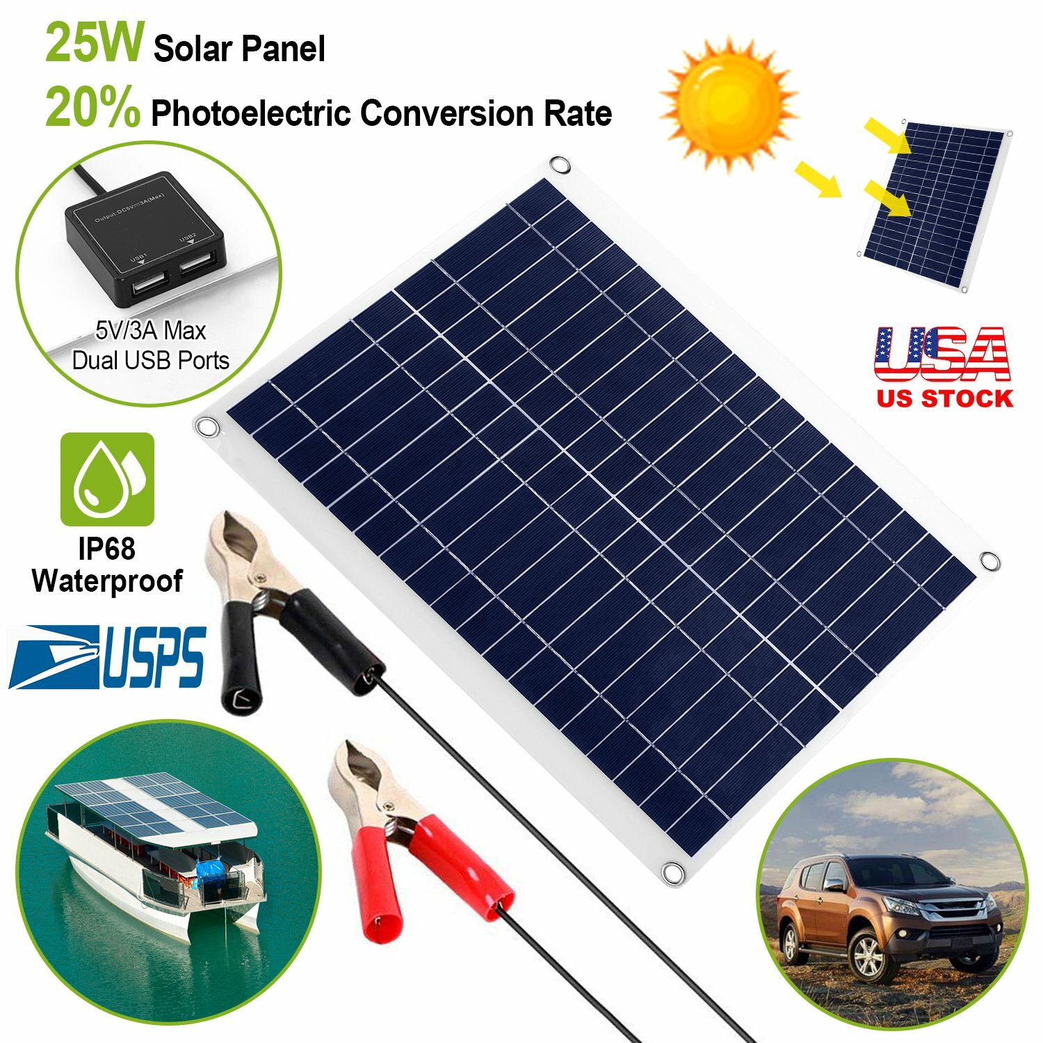 25W Solar Panel 12V Trickle Battery Charger Kit Maintainer Boat RV Car Flexible