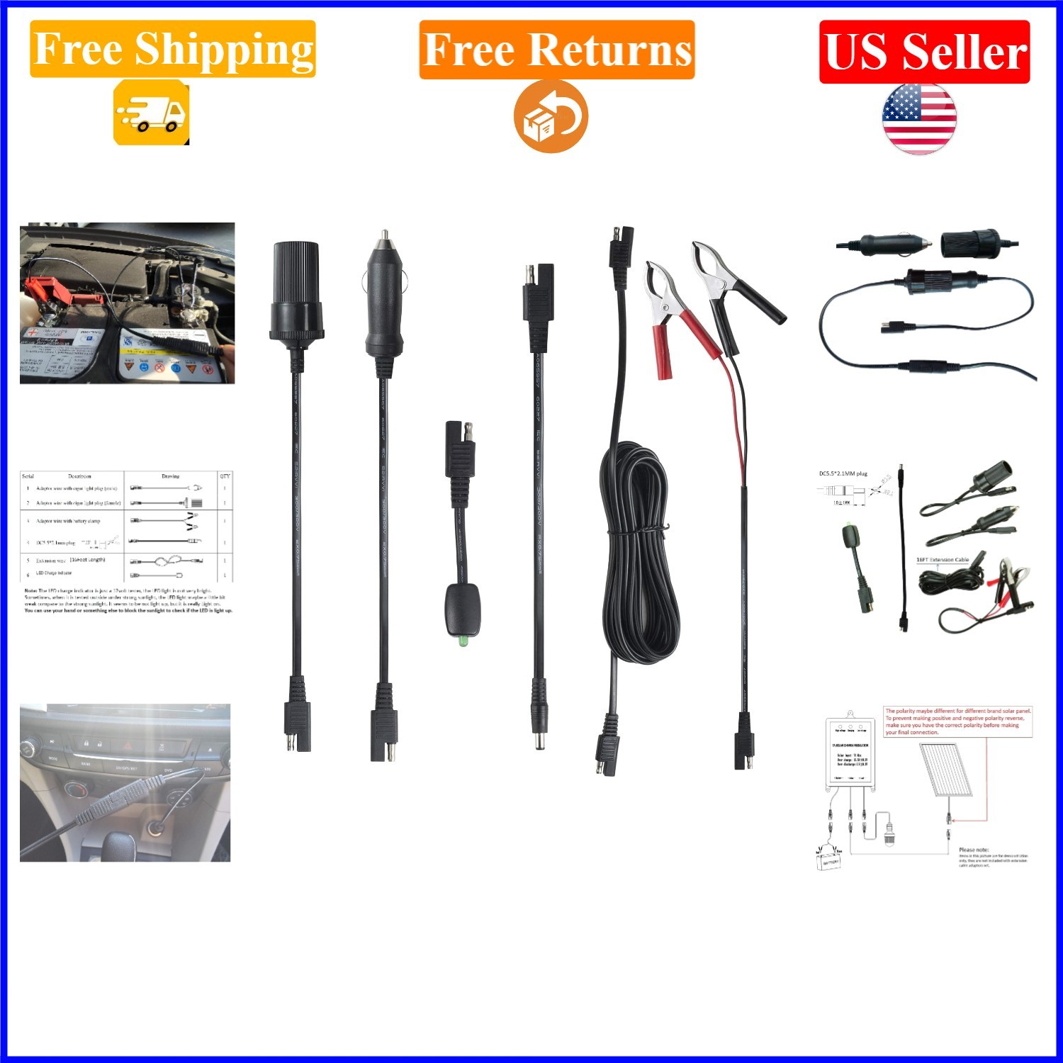 16FT SAE Extension Cable Kit for 12V Solar Panels, Battery Maintainers, Clamps