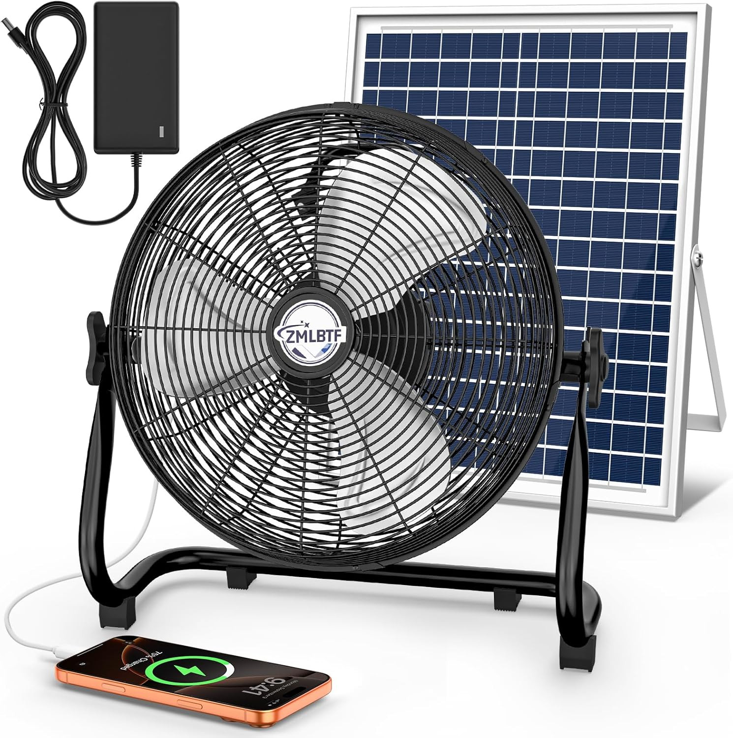 14″ Solar Powered Fan with 20W Solar Panel & Rechargeable Battery, Portable, Qui