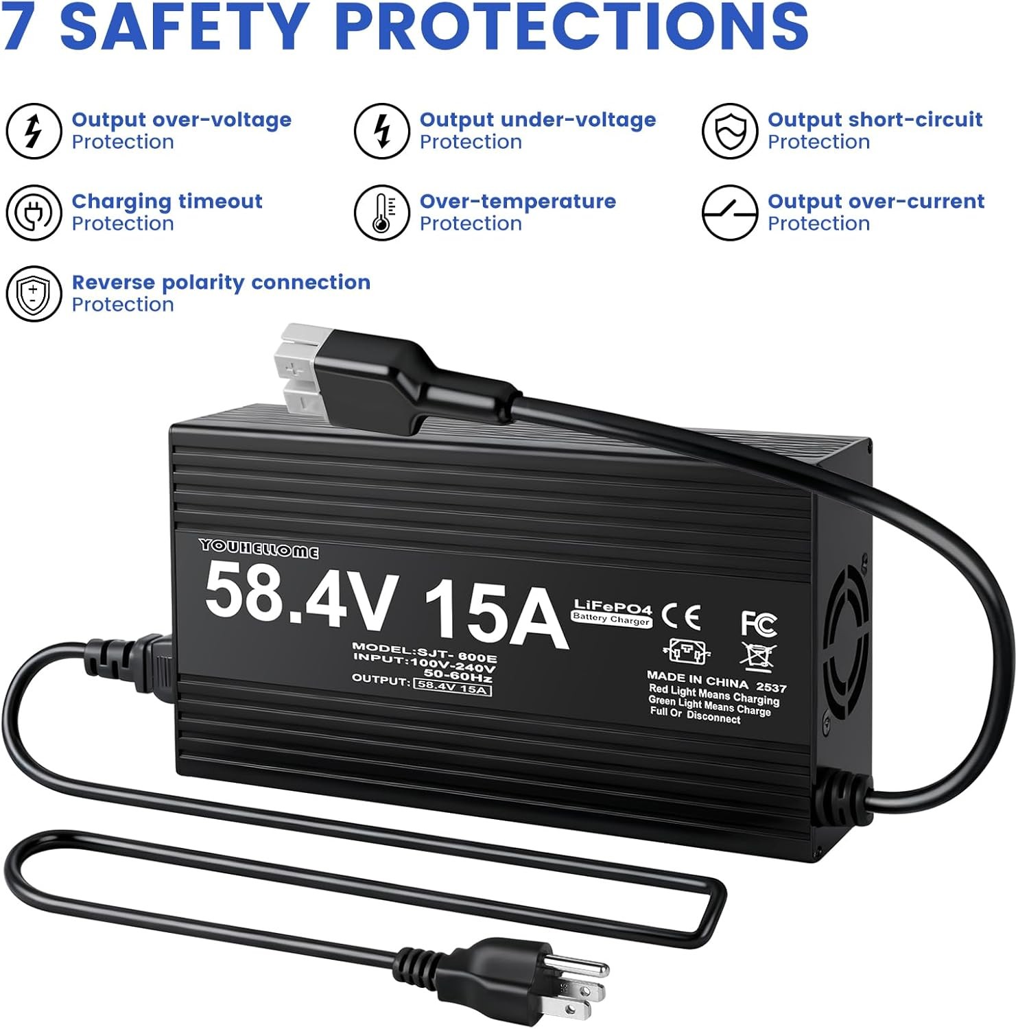 48 Volt/58.4V 15A LiFePO4 Battery Charger for 48V/ 51.2V Lithium Battery for Gol