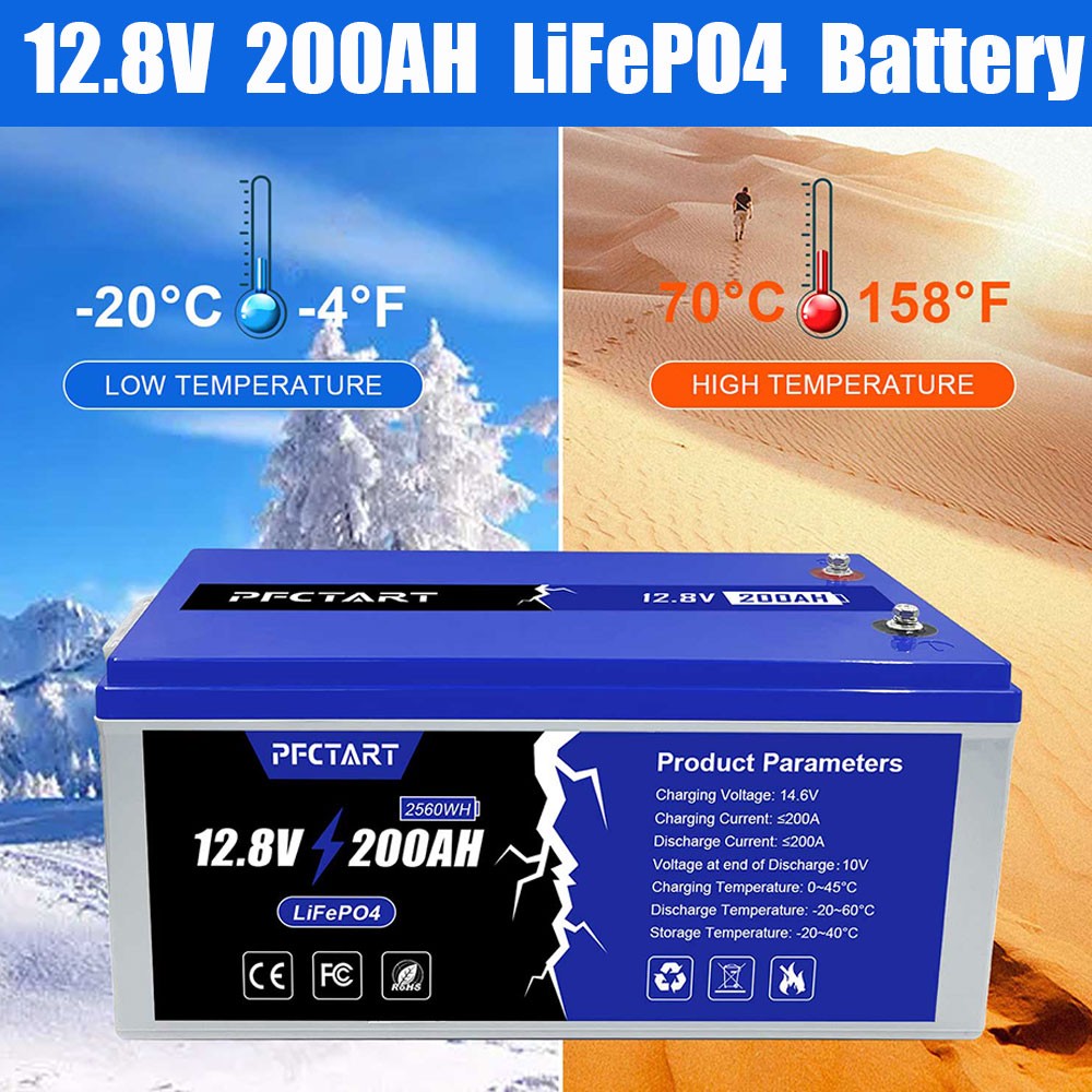 PFCTART 12V 200AH LiFePO4 Deep Cycle Lithium Battery for RV Camping Off-Grid Car