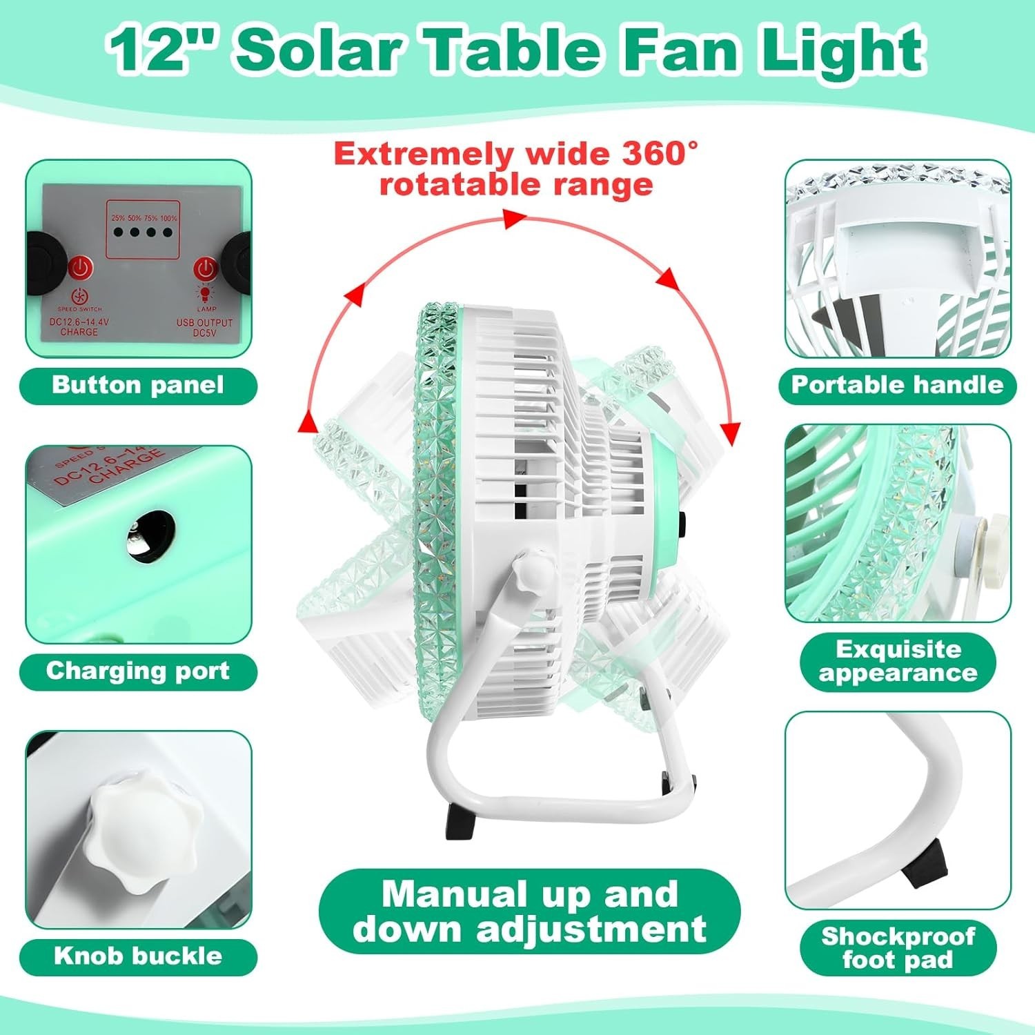 12” 10800mah Battery Operated Solar Fan Light with 12w Solar Panel, Charger,