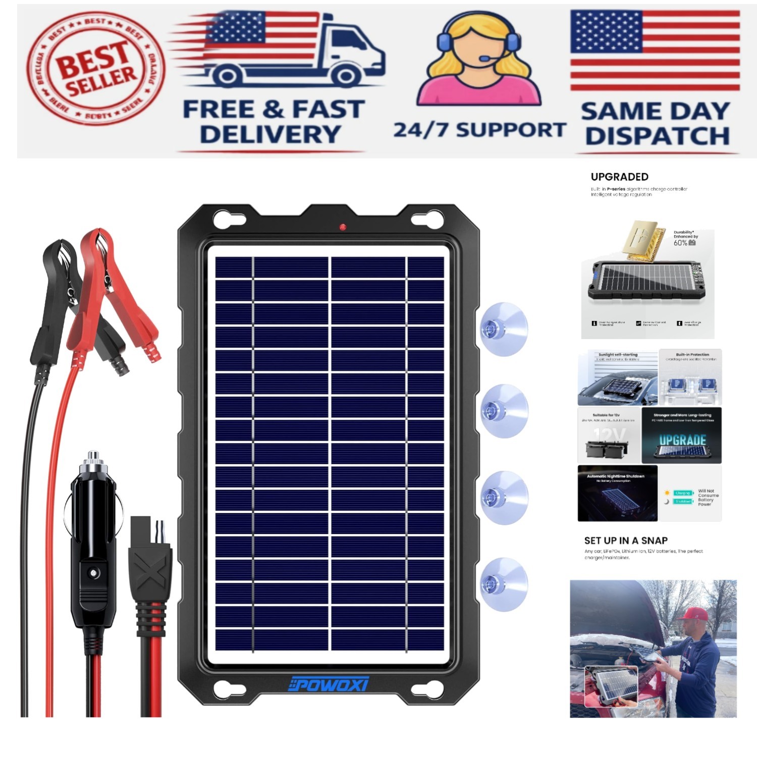 Portable 7.5W Solar Trickle Charger Kit for Car, Boat, RV & Motorcycle Batteries