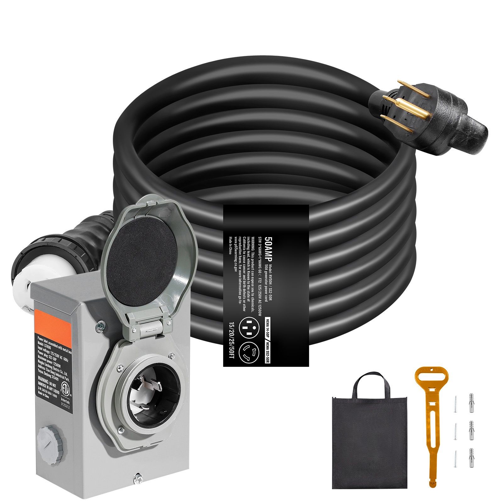 50 Amp Generator Cord and Power Inlet Box Kit, 25FT, NEMA 14 – 50P/ SS2 – 50R