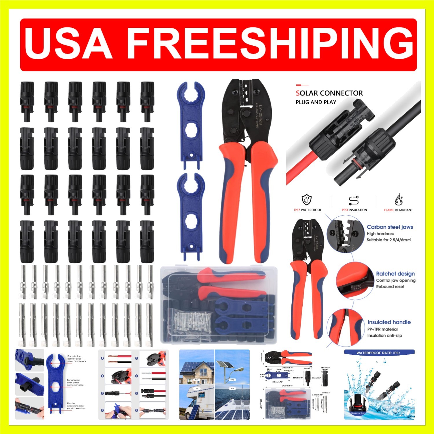Solar Crimping Tool for Solar Panel Cable with 12 Pairs Solar Connectors, 1PC…