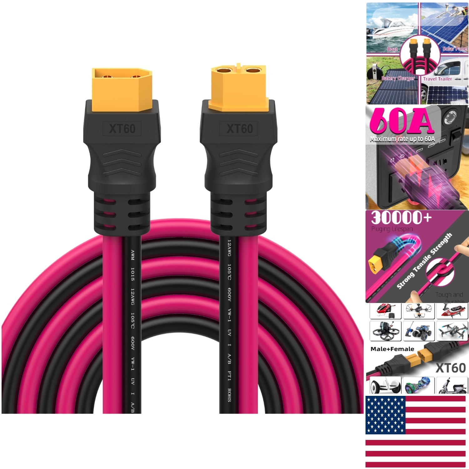 12AWG XT60 Extension Cable – 1.6FT Durable Power Adapter for Solar & RC Devices