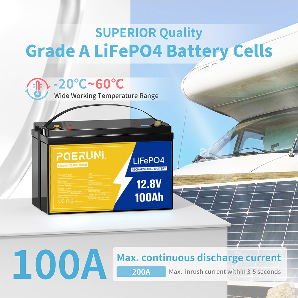 POERUNI 100Ah 12V Lithium LiFePO4 Battery 8000+ Deep Cycle for Solar RV Marine