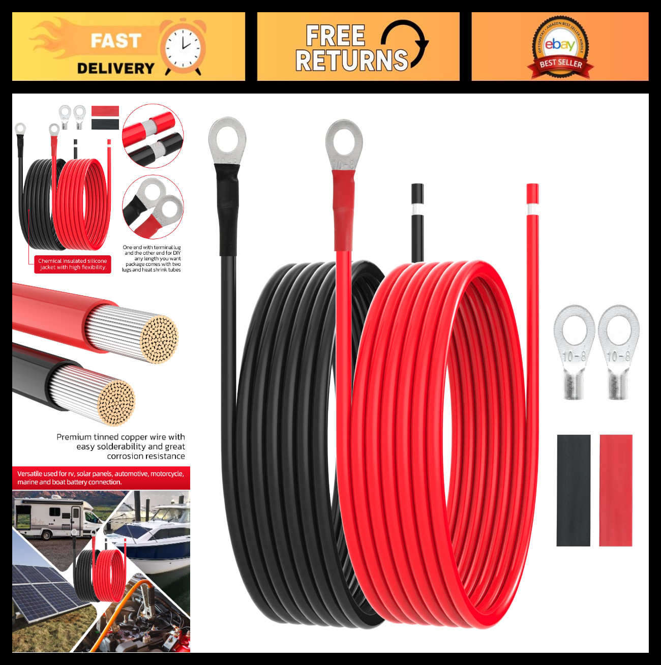 8 AWG Battery Cables – 10FT Tinned Copper Solar Panel Wire with 5/16” Lugs for