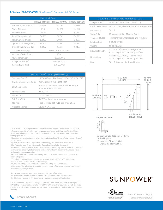 10 NEW SunPower Maxeon SPR-E20-330-COM 330W Solar Panel High Efficiency/PICKUP