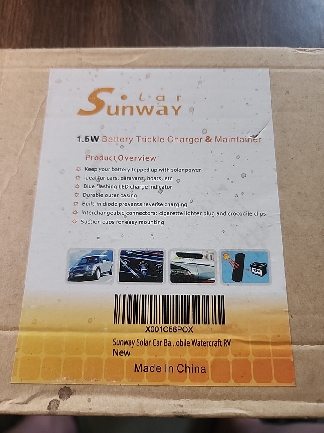 New In Box Sunway Solar 1.5W Trickle Charger And Maintainer For Cars, Boats Etc.
