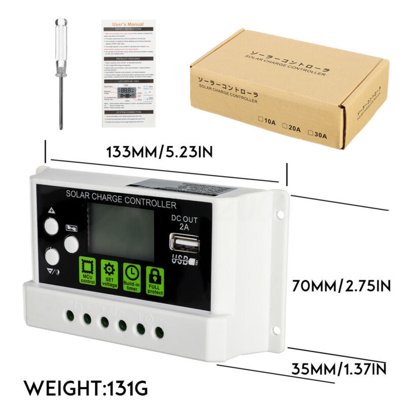 10-30A PWM Solar Power Charge Controller USB Li-ion Lead Acid Battery Regulator