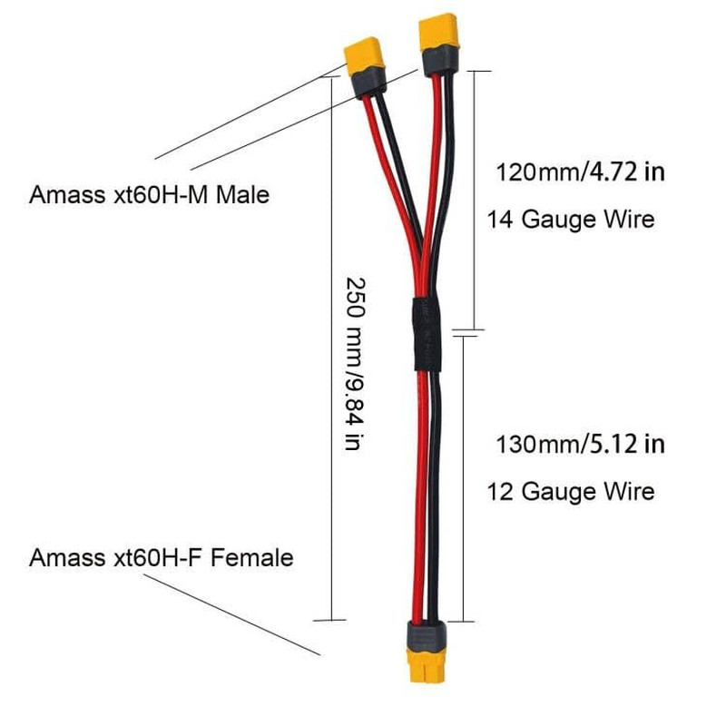 XT60H XT60 Upgrade Y Splitter Extension Cable 12 AWG XT60 Female to Dual XT60H