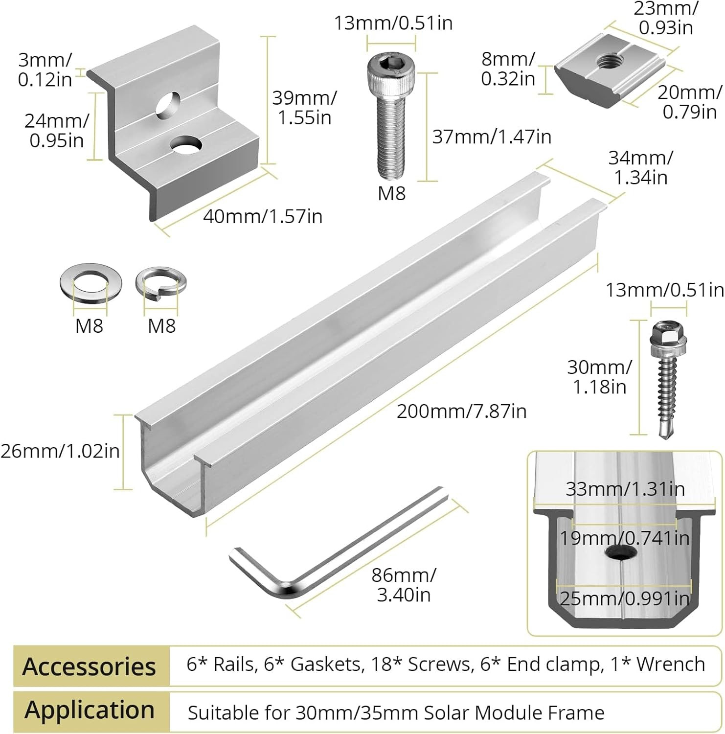 Solar Panel Bracket Kit, 6 Pcs 7.87 in Aluminium Solar Panel Mounting Rail 30Mm/