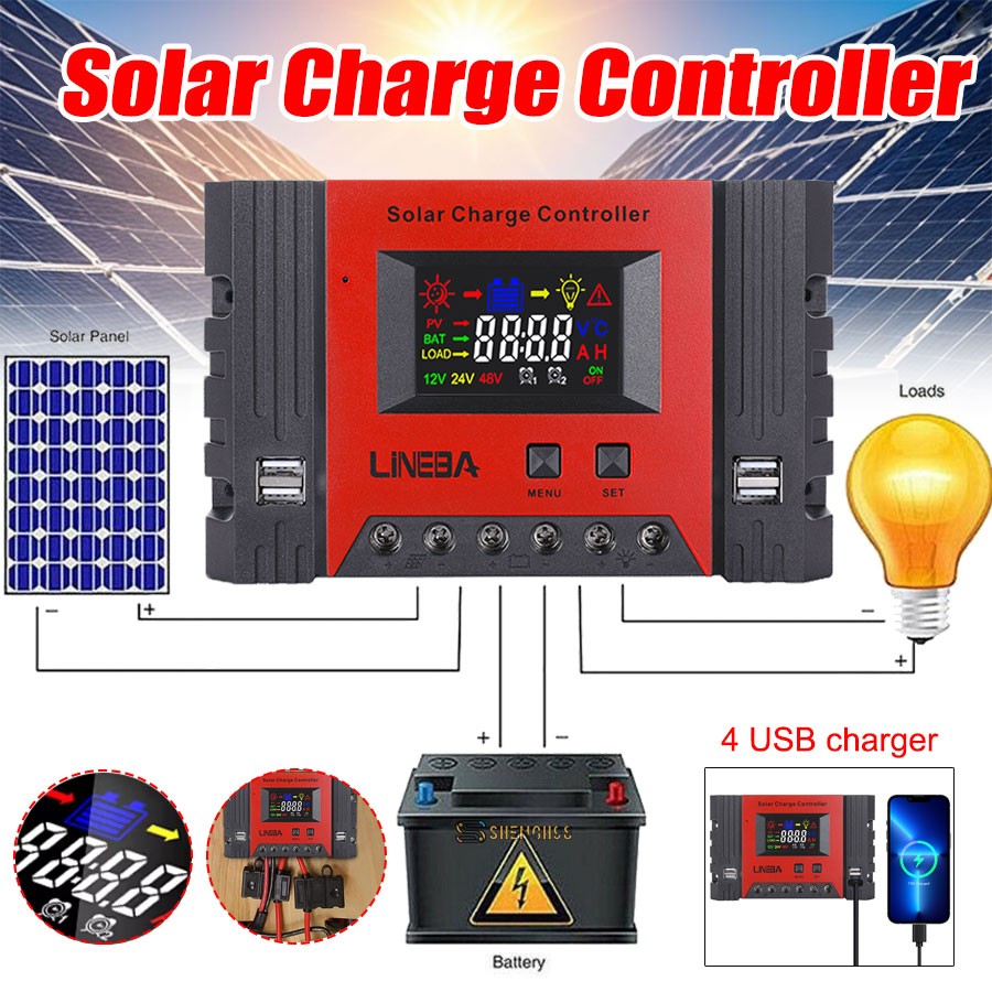 Controlador de carga solar de 100A 12V/24V/48V Pantalla LCD Regulador de panel