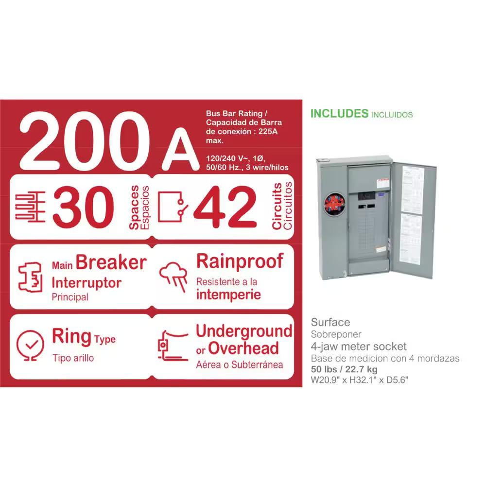 Homeline 200 Amp 30-Space 42-Circuit Outdoor Ring-Type Surface Mount Solar-Ready