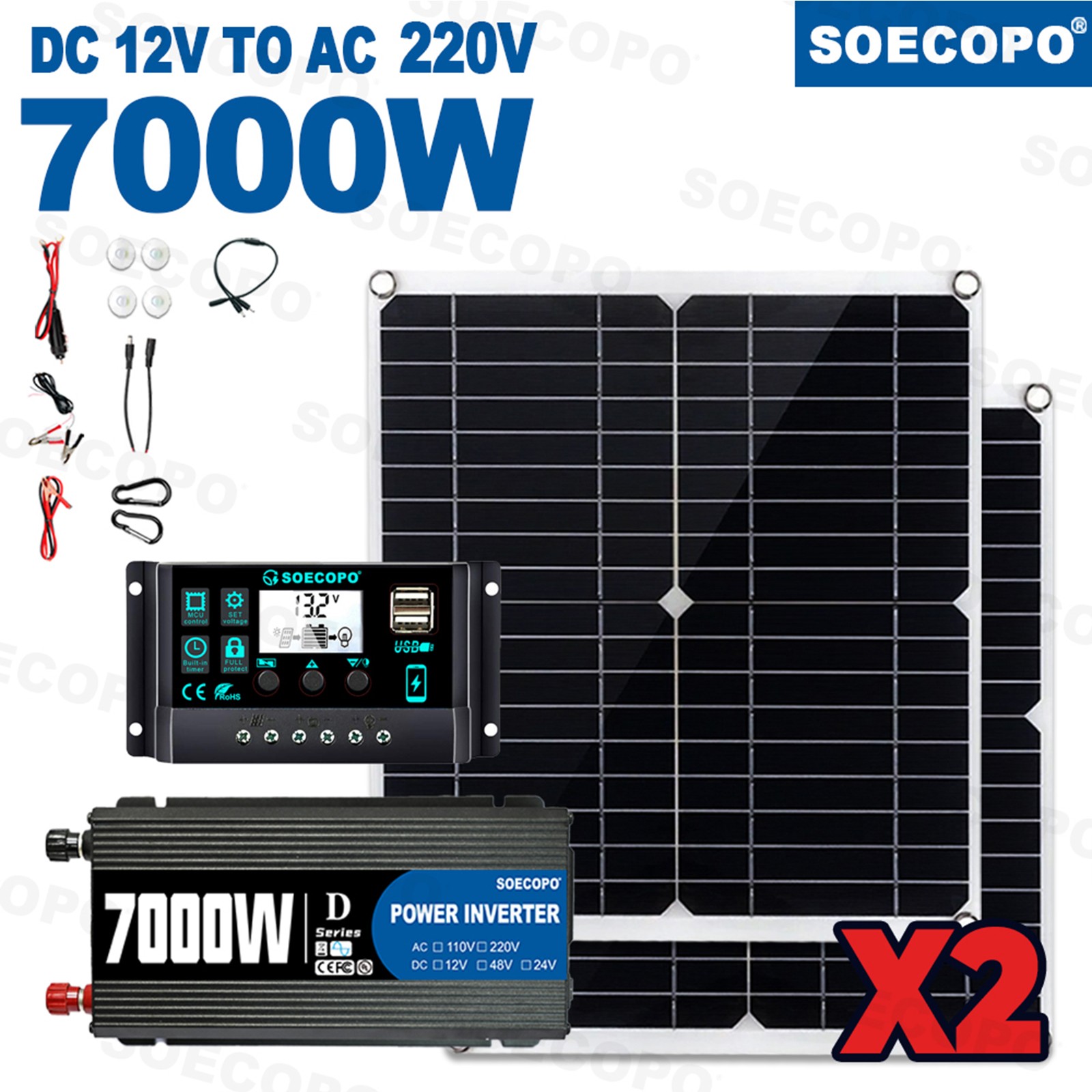 Complete 7000W Off-Grid Solar Kit 7000W Inverter 2pcs 300W Solar Panels 110V US