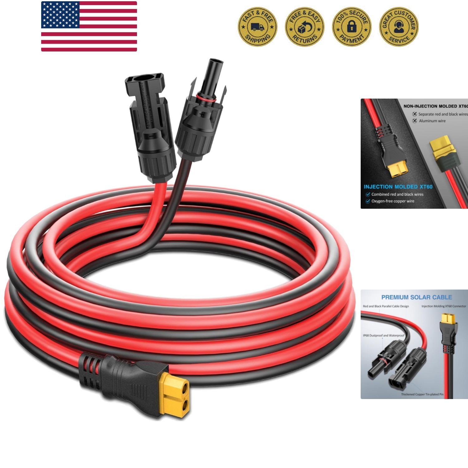 Solar to XT60 Extension Wire 12AWG 3ft for Ecoflow Generator and Portable Pow…