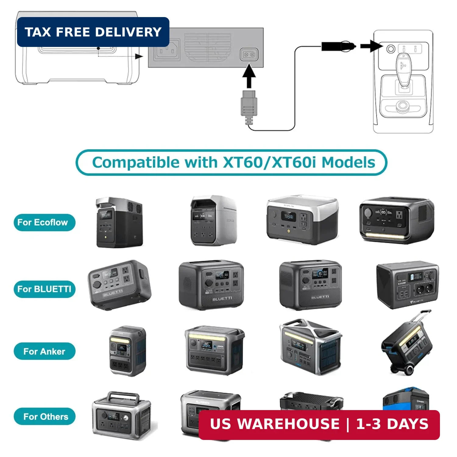 TAIFU 12V/24V XT60i Car Charger Cable for Anker SOLIX Series C300C1000,EF ECOFLO
