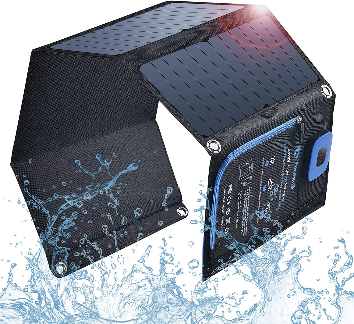 28W Camping Solar Panel Charger Digital Ammeter Dual USB Type A IPX4 Waterproof