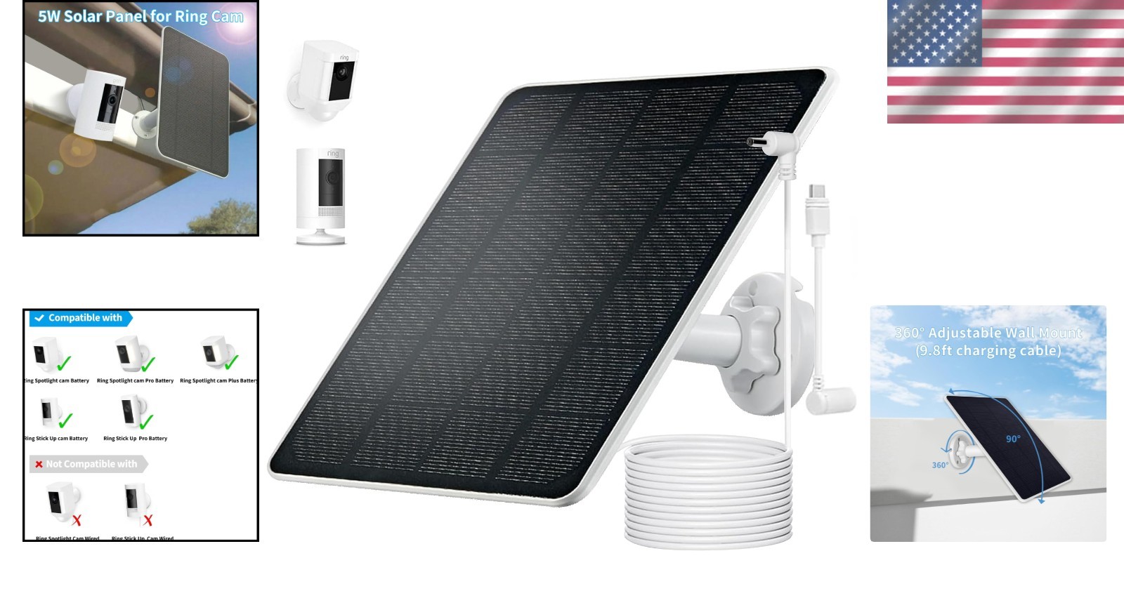 Ring Camera Solar Panel, Compatible with Ring Stick Up Cam Battery, Ring