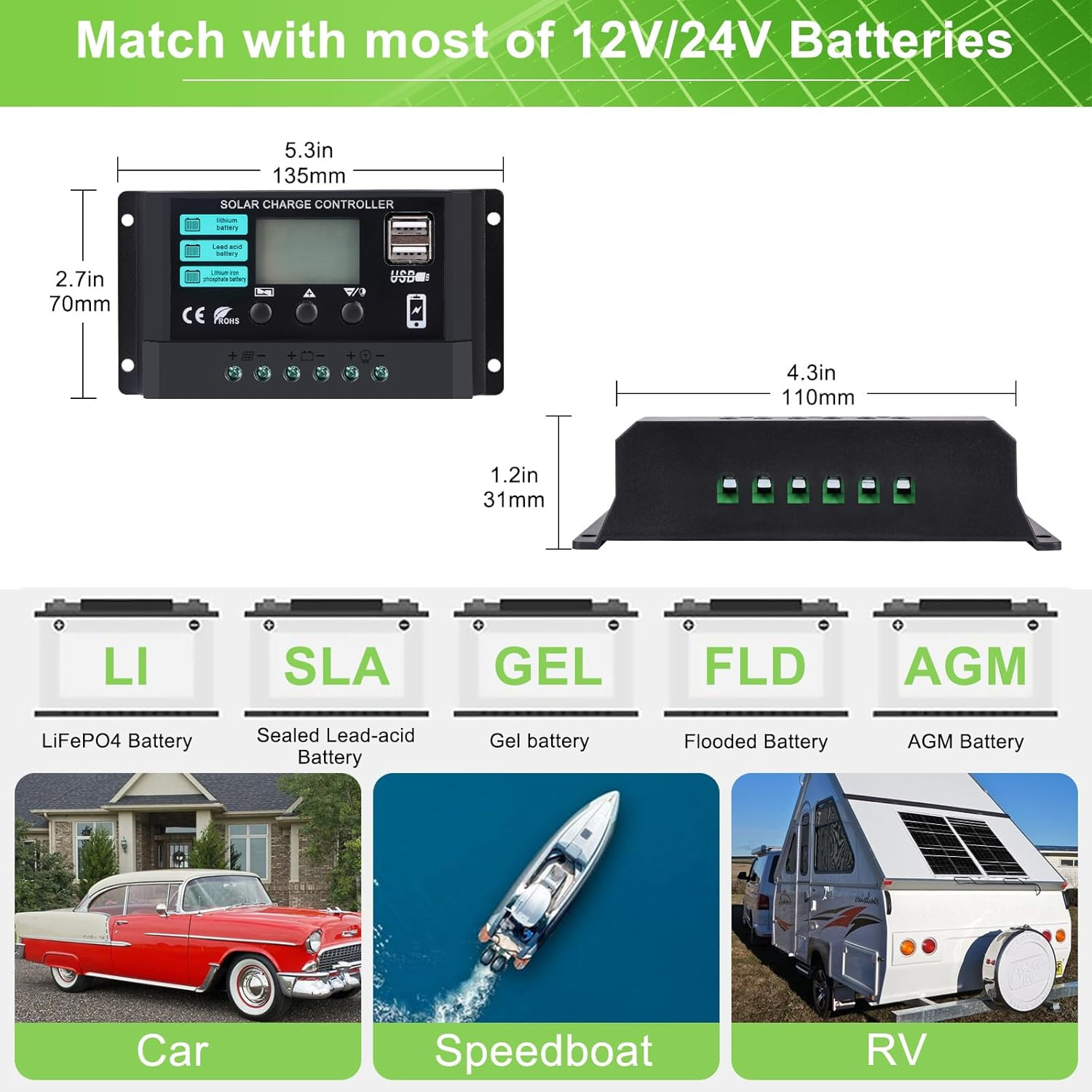 Solar Panel Kit 25W 12V Monocrystalline Battery Maintainer With10A Solar Charge