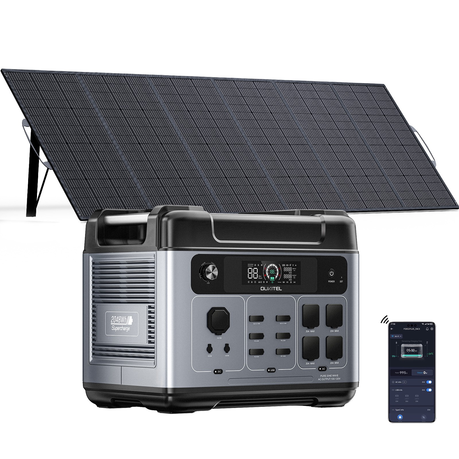 Solar Generator 2048Wh Portable PowerStation Emergency LiFePO4 2400W OUKITEL UPS