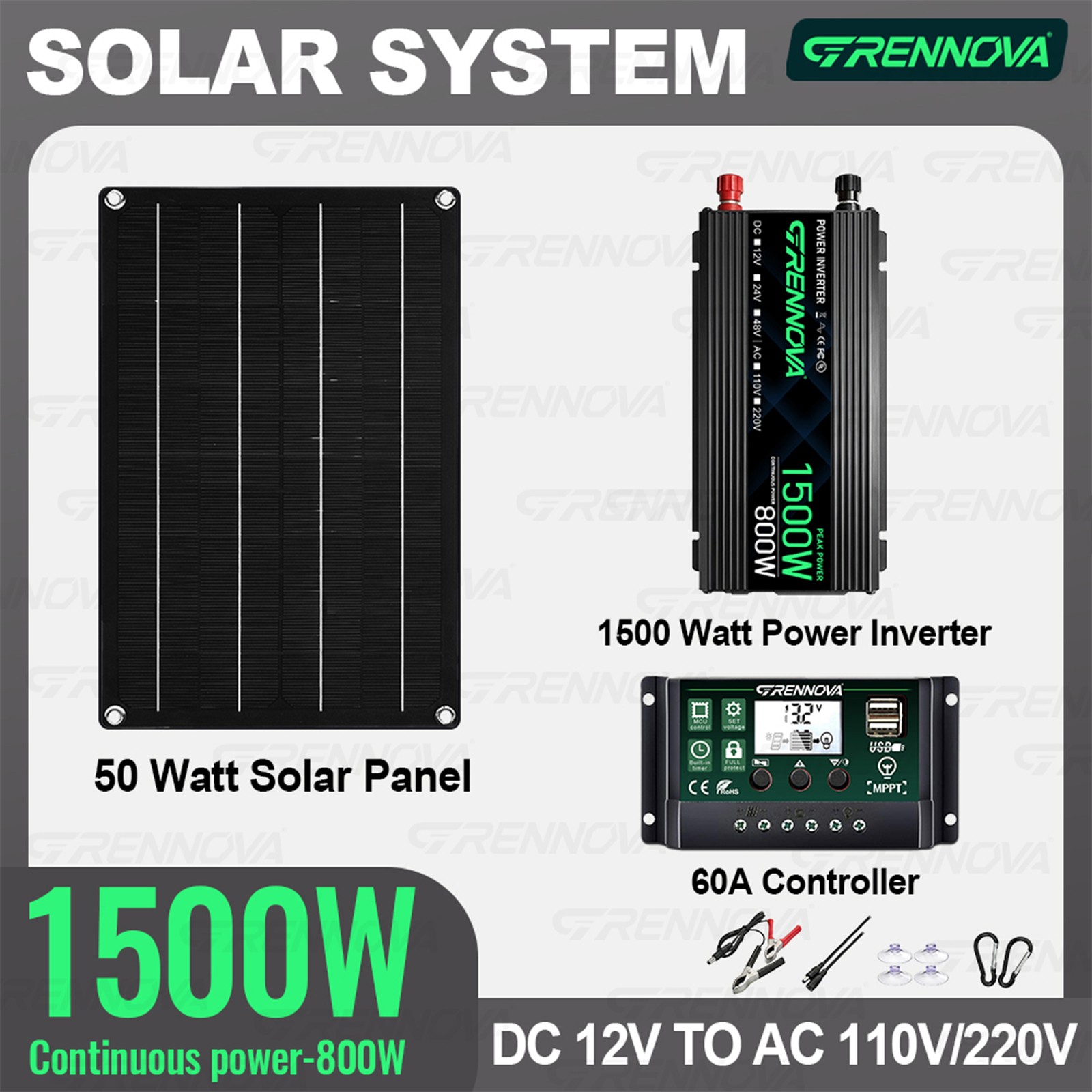 Grennova 1500W Solar DIY Kit 60A MPPT 50W Panel Off-Grid RV Camping Power