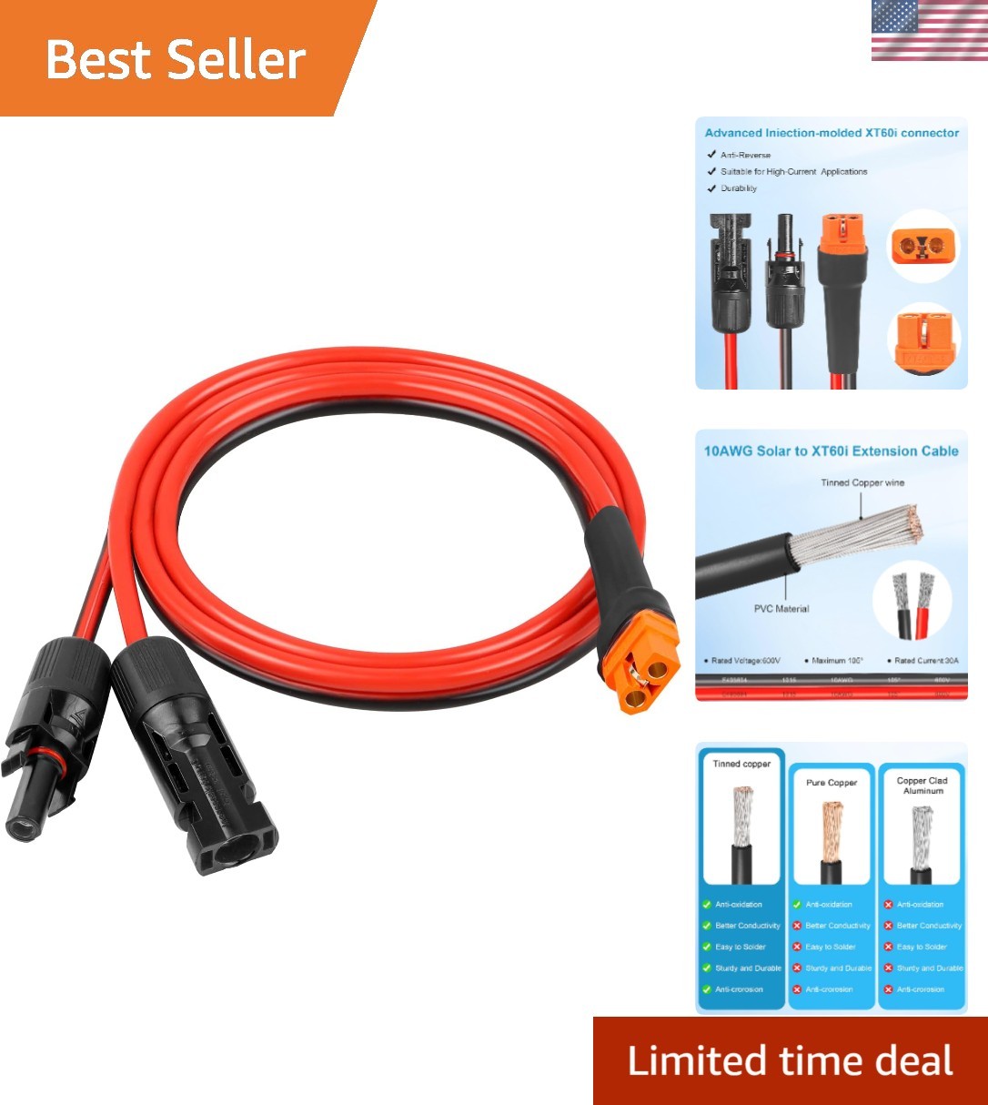 10AWG 3FT XT60i Solar Extension Cable – Heavy Duty for RV & Power Stations