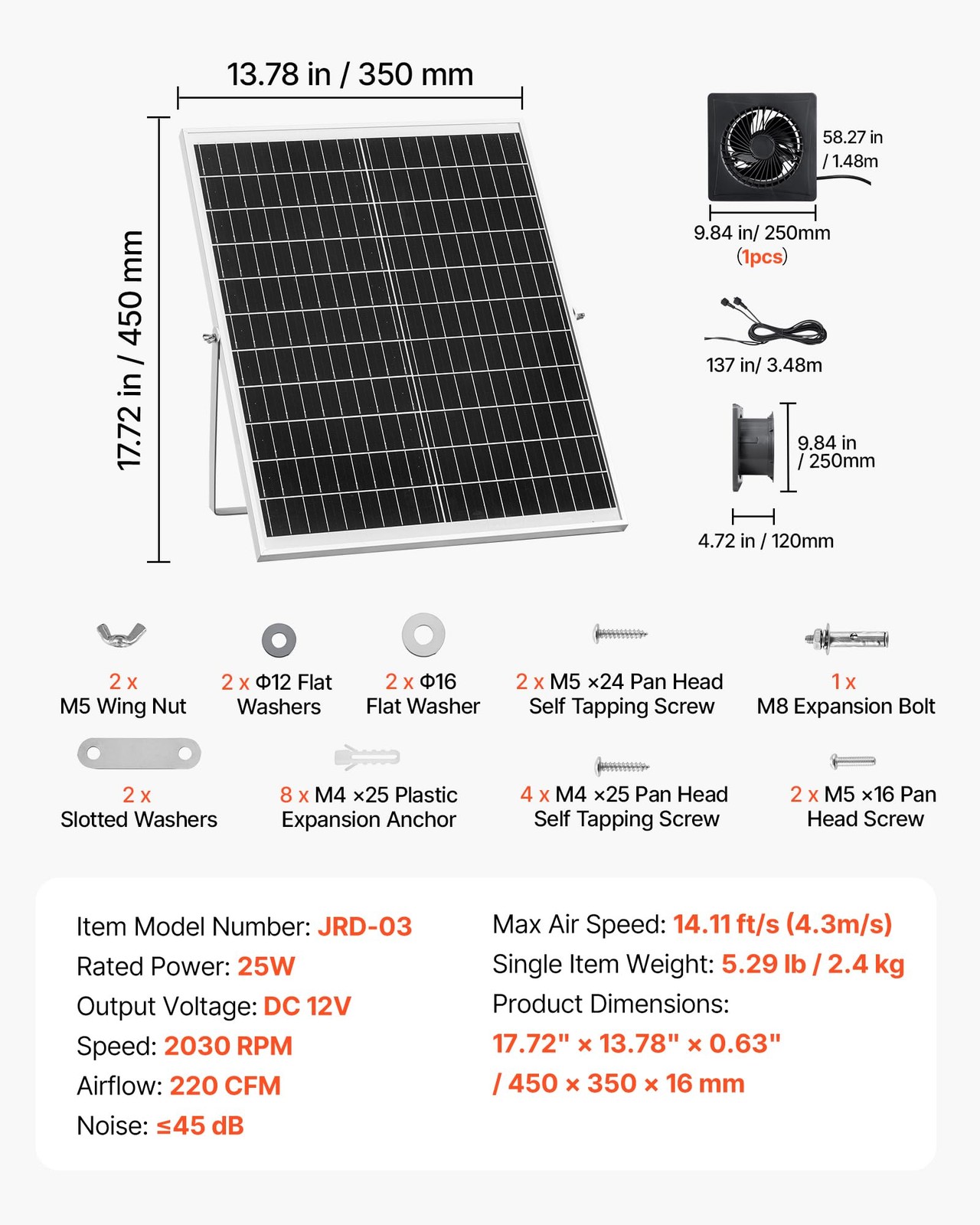 VEVOR Solar Powered Fan, 25W Solar Panel with 220 CFM Airflow, Adjustable Panel